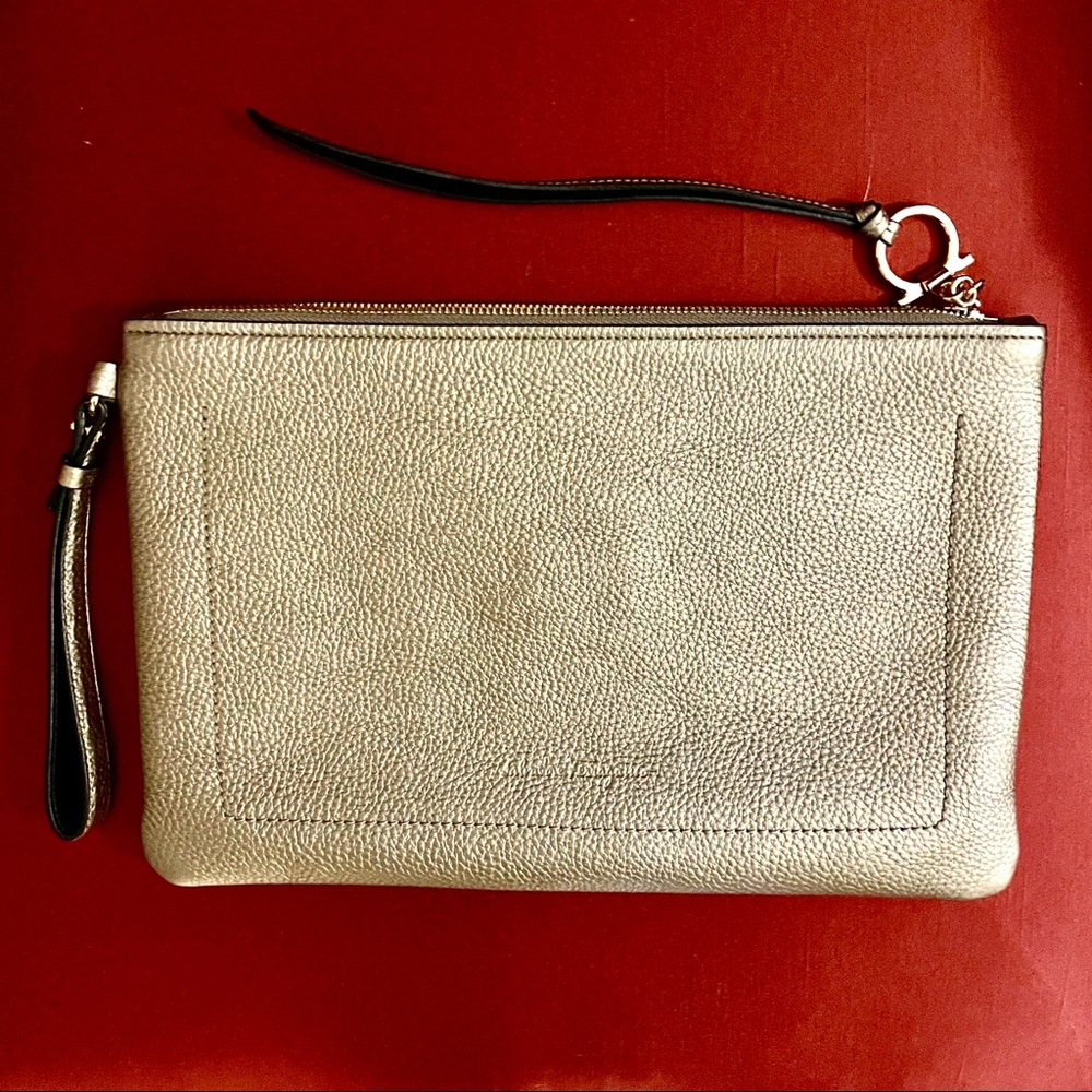 Ferragamo calfskin leather zip clutch pouch metallic gold graphite Unisex NWT